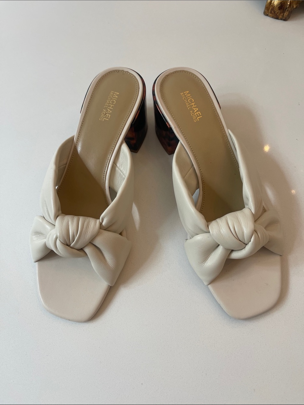 MICHAEL Michael Kors Cream Knot-Front Slide Mules with Tortoise Heel